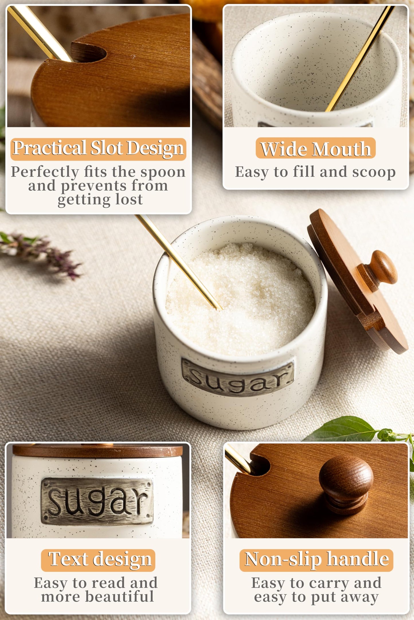 LYEOBOH Sugar Container, Ceramic Sugar Bowl with Lid and Spoon,15 OZ Sugar Holder for Coffee Bar Accessories, Sugar Jar for Countertop, Azucarera Farmhouse Home and Kitchen, White