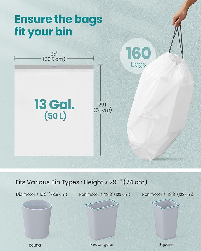 SONGMICS Trash Bags for 13-Gallon Trash Cans, Drawstring Kitchen Garbage Bags