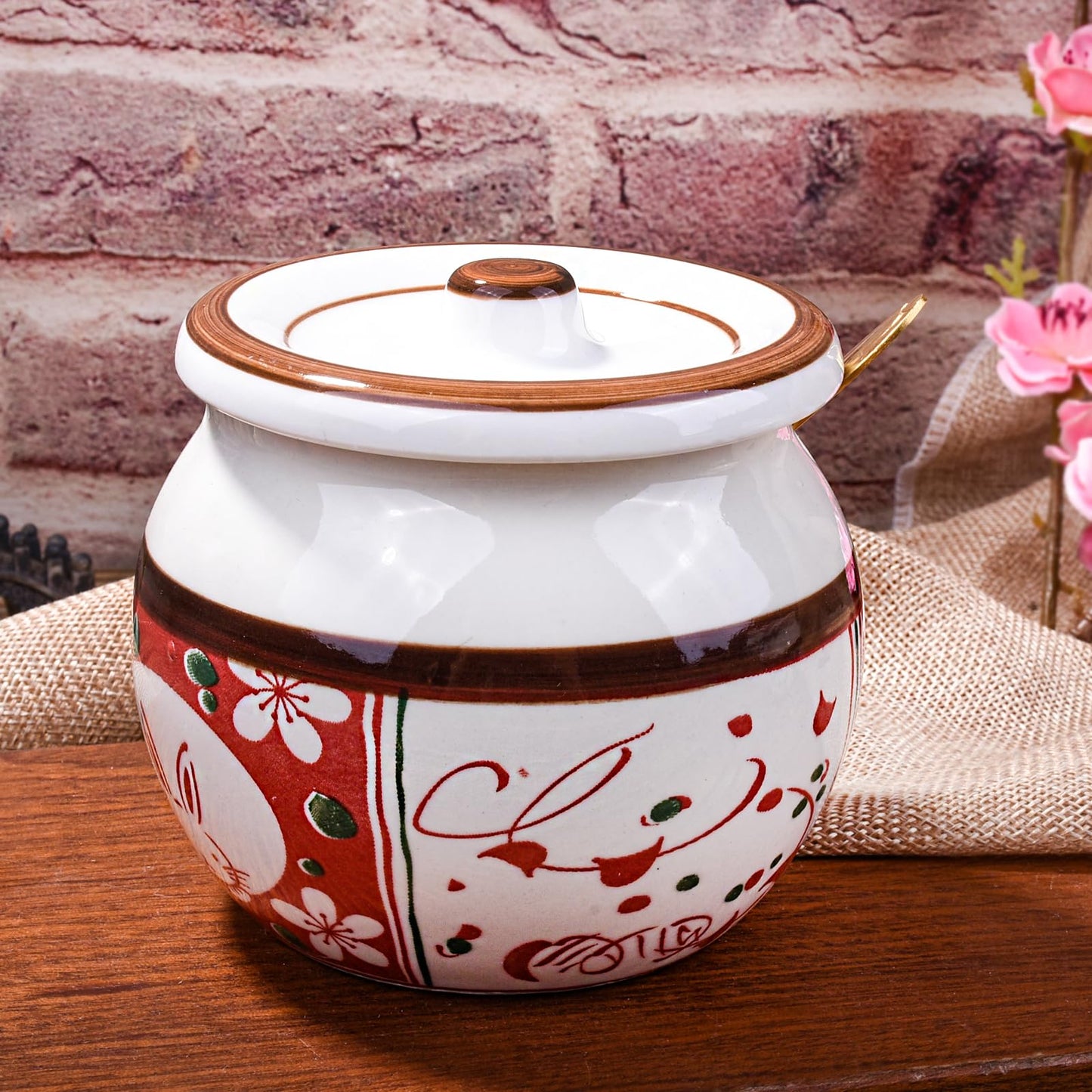 Cerficer Japanese Style Ceramic Sugar Bowl with Lid and Spoon, 4.3-Inch Hand-Painted Decorative Condiment Jar for Salt, Spices, and Seasonings, Microwave and Dishwasher Safe Kitchen Countertop Storage