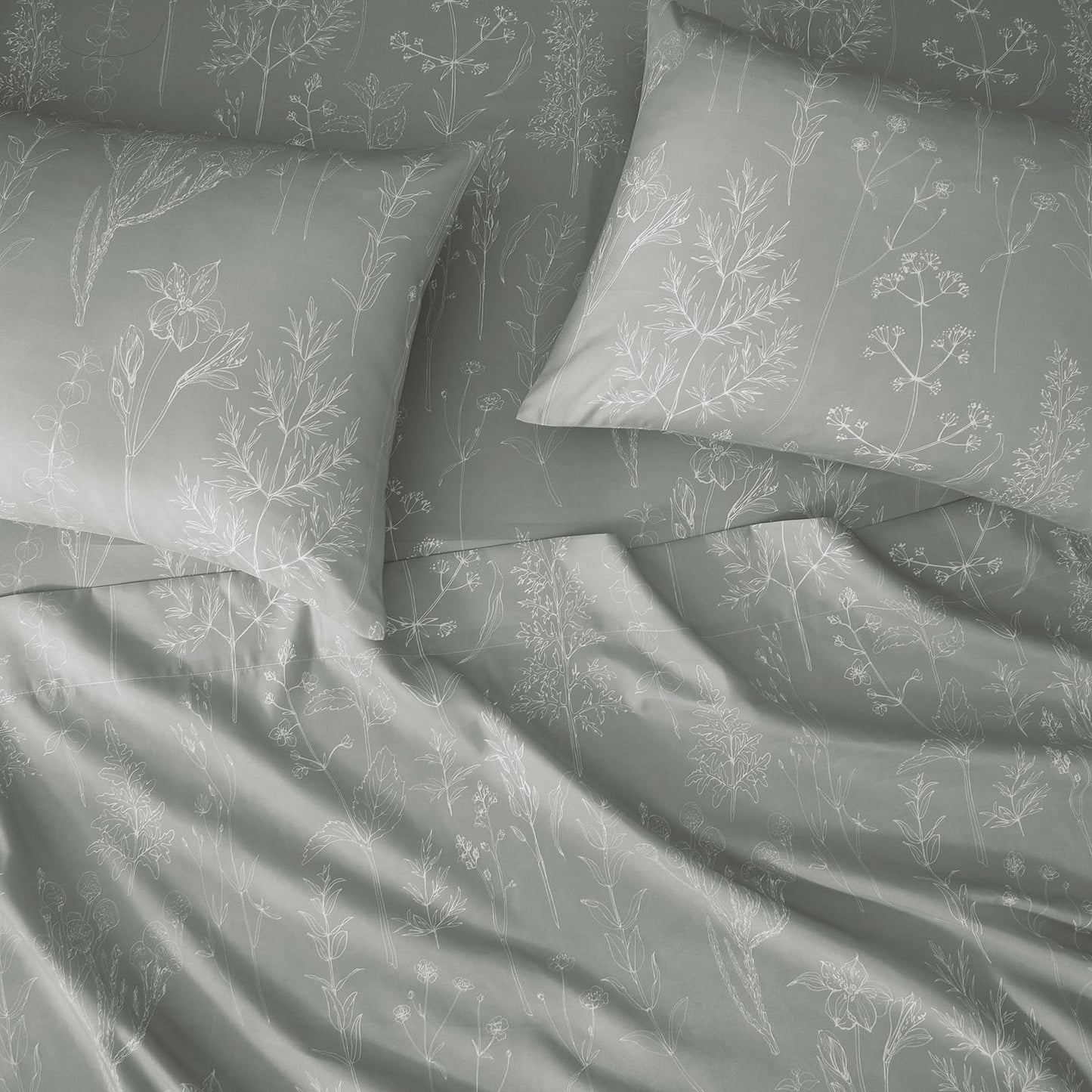 HYPREST Floral Bed Sheets, 18 Inch Deep Pocket Queen Sheets Ligh Grey Patterned Sheets Soft Luxury Cooling 1800 Thread Count