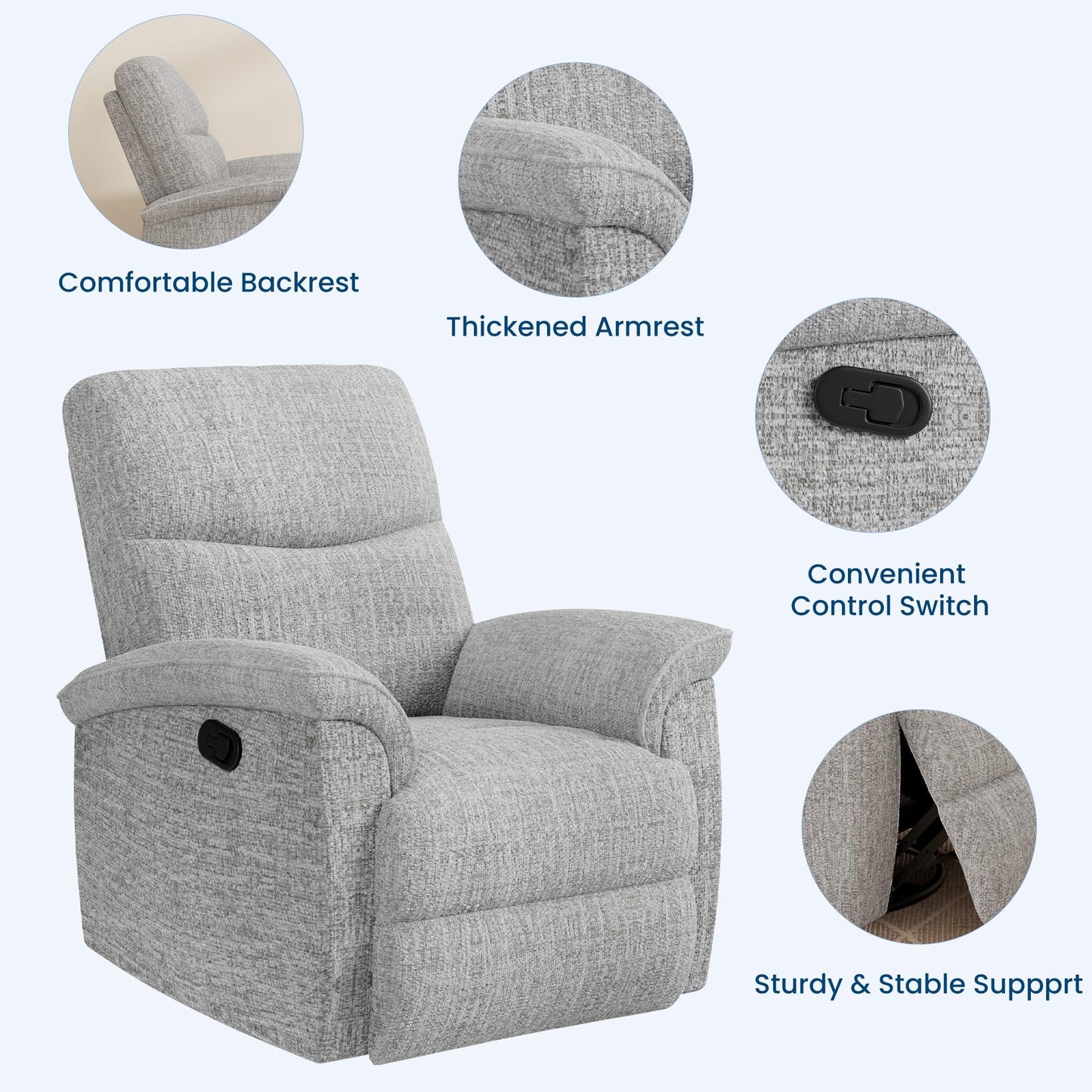 GarveeHome 360° Swivel Rocker Glider Nursery Recliner Chair, Chenille Upholstered with Padded Armrest & Deep Seat, Manual Reclining Sofa for Living Room, Bedroom, Nursery (Light Gray)