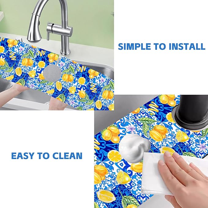 Blue Tiles and Yellow Lemon Sink Faucet Absorbing Mat Sink Splash Guard Faucet