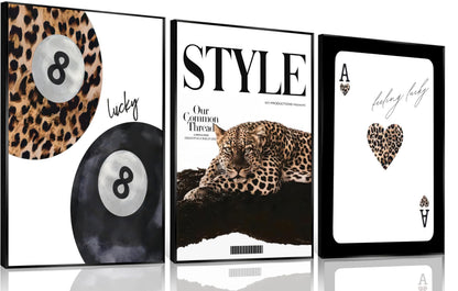 Trendy Leopard Set of 3 Canvas Wall Art Preppy Room Aesthetic Cheetah Cheetah posters Prints Funky Lucky 8 Ball Wall Decor Pictures for Girls Bedroom Apartment Dorm Unframed Decoration