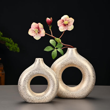 Modern Donut-Shaped Decorative Vases, Handmade Minimalist Boho ins Style, Modern Vase for Home Decor for Wedding Dinner Table Party Living Room Office Bedroom (Gold, Large + Small)