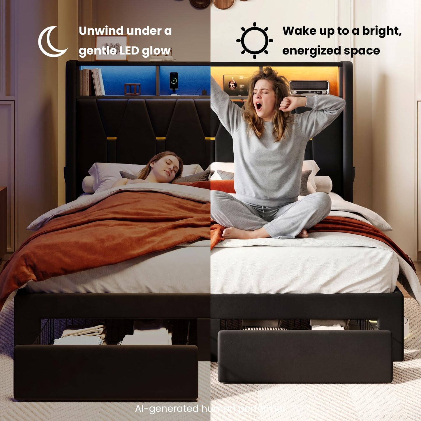 SHA CERLIN Full Velvet Platform Bed Frame with 2 Storage Drawers, LED Storage Headboard with Charging Station, Upholstered Wingback Headboard, Noise-Free, No Box Spring Needed, Easy Assembly, Black