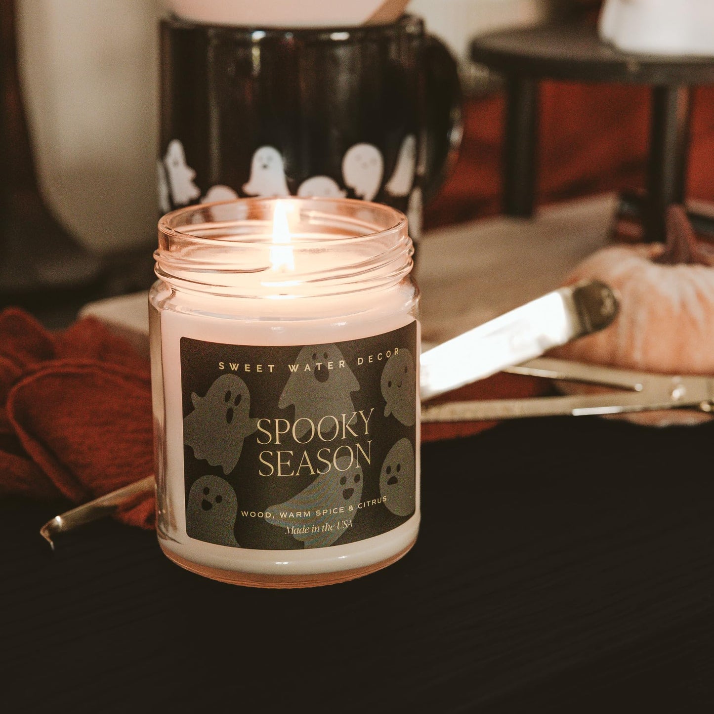 Sweet Water Decor Halloween Candle - Scented Candle with Wood, Warm Spice, and Citrus Scents - Decorative Candle with 40 Hours Burn Time - Perfect Spooky Candles Gift - Patterned Jar Candle 9oz