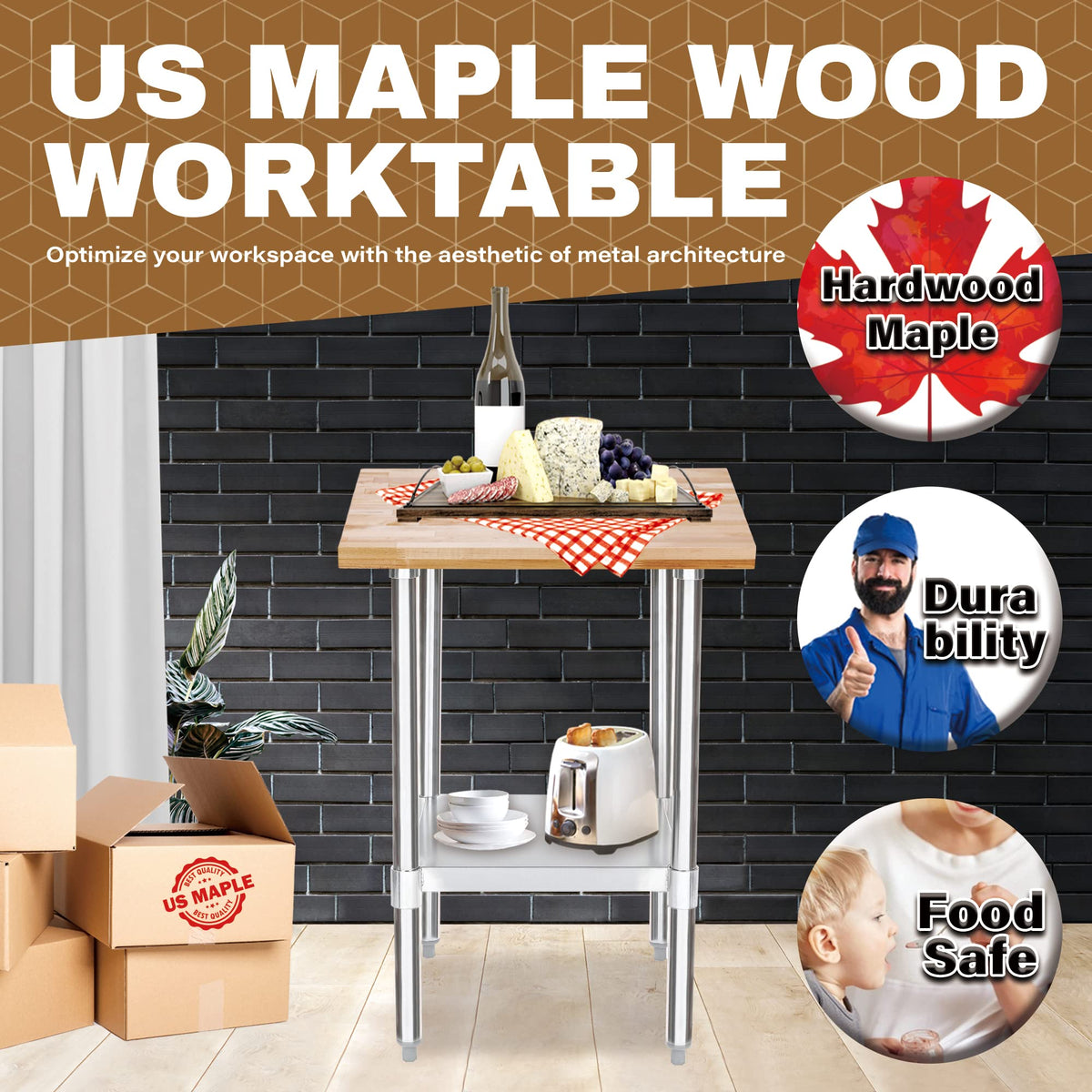 US Maple Top Work Table - 24 x 24 x 35 Inch Commercial Butcher Block Wooden Workbench with Adjustable Lower Shelf - Fits Restaurant, Warehouse, Home, Kitchen, Garage by DuraSteel