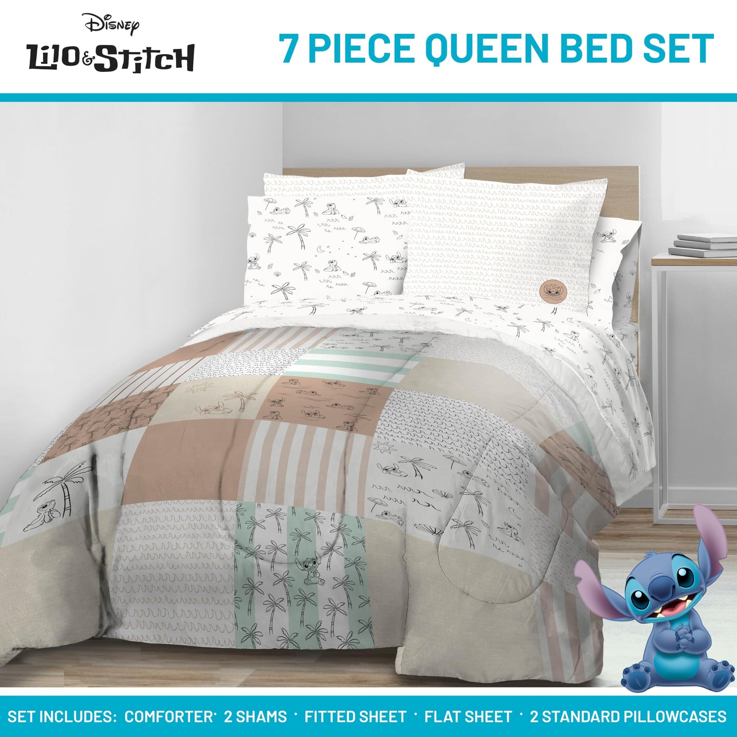 Jay Franco Kids Comforter Set Includes Sheets and Pillow Covers - Soft and Cozy Bed Set for Stylish Room Decor, Official Licensed Bedding, Multi - Lilo and Stitch, 7 Piece Queen