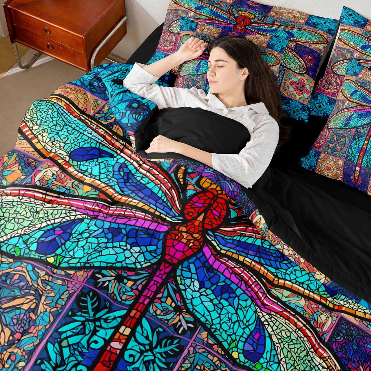 Erosebridal Dragonfly Bed in a Bag Queen Comforter Set 7 Piece | Rainbow Mandala Bedding Sets Exotic Bohemian Flower Comforter and Sheet Set, Colorful Medallion Nordic Damask Bed Sets