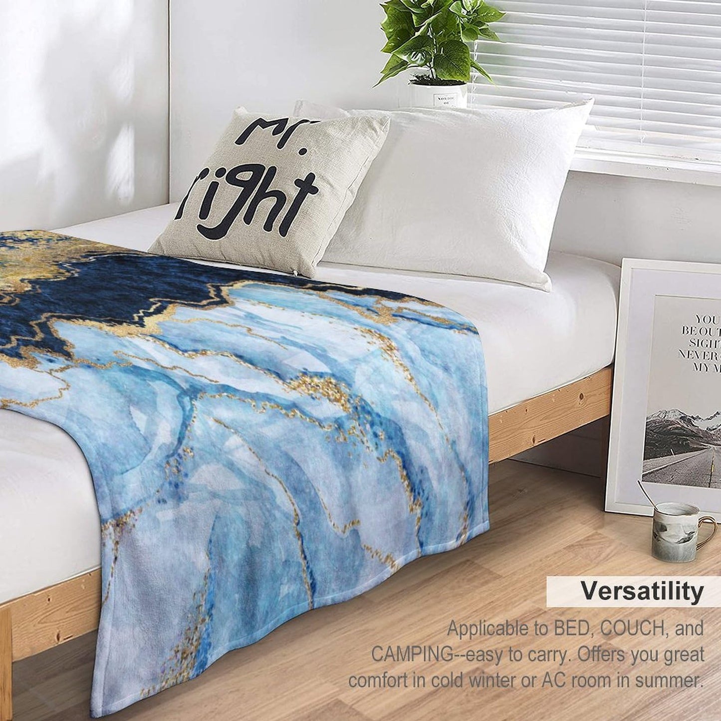 Marble Throw Blanket, Modern Abstract Foil Texture White Blue Gold Marble All Seasons Blanket for Bed Sofa, Super Soft Cozy Shaggy Blanket for Trave and Camping 40"x50"