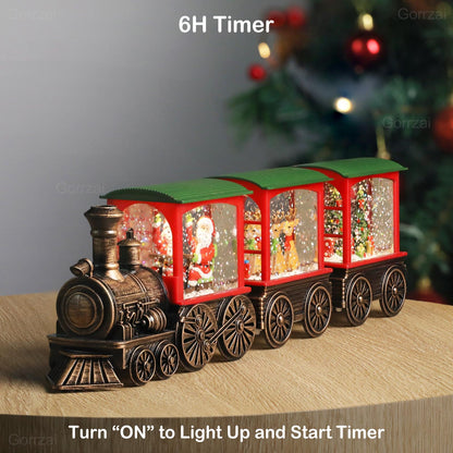 Gorrzai Train Snow Globe Christmas Snow Globe Lantern with Auto 6H Timer and Manual Glitter, Lighted Christmas Decorations Indoor with Santa Claus Reindeer Tree for Home Tabletop, Battery Operated
