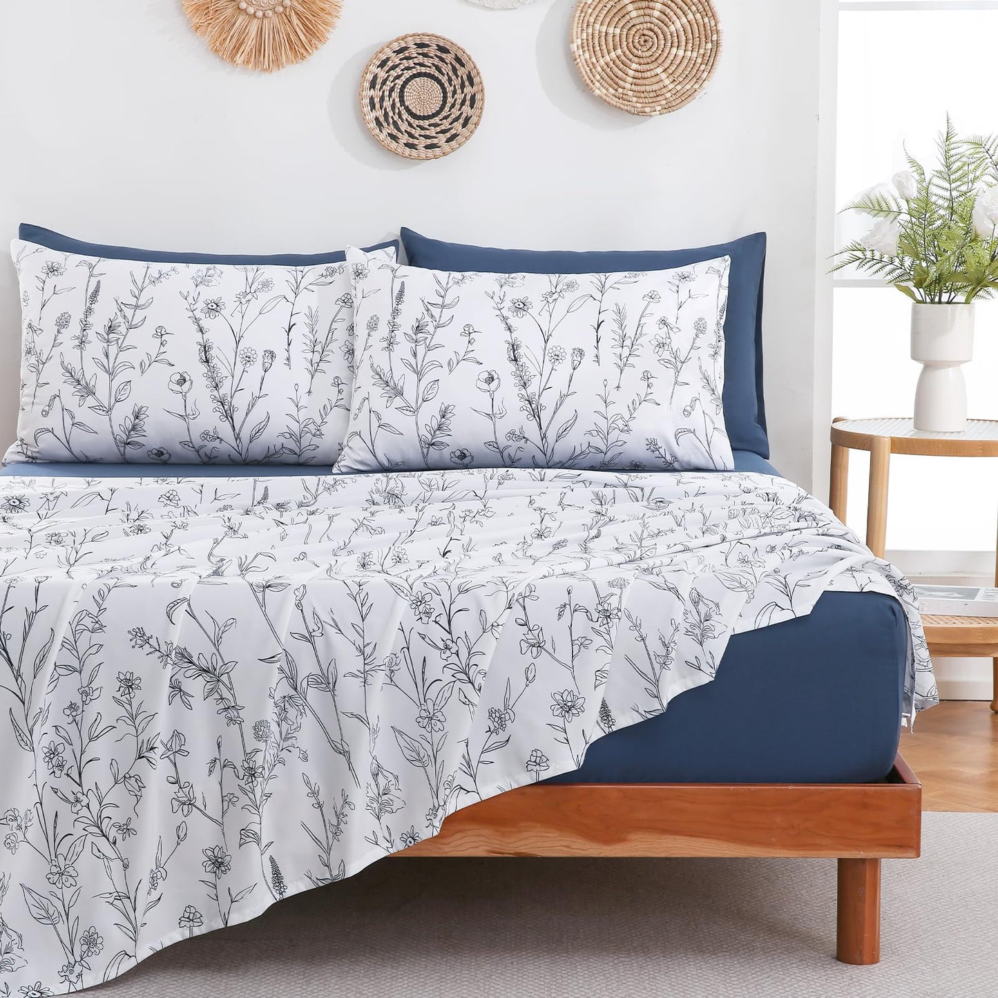 Swiftify Botanical Full Size Sheets Set 6-Piece, Boho Floral Brushed Microfiber Sheets, Cooling Bed Sheet Set, Soft & Breathable, 16' Deep Pocket Fitted Sheet & Pillowcase Set, Sketch Meadow