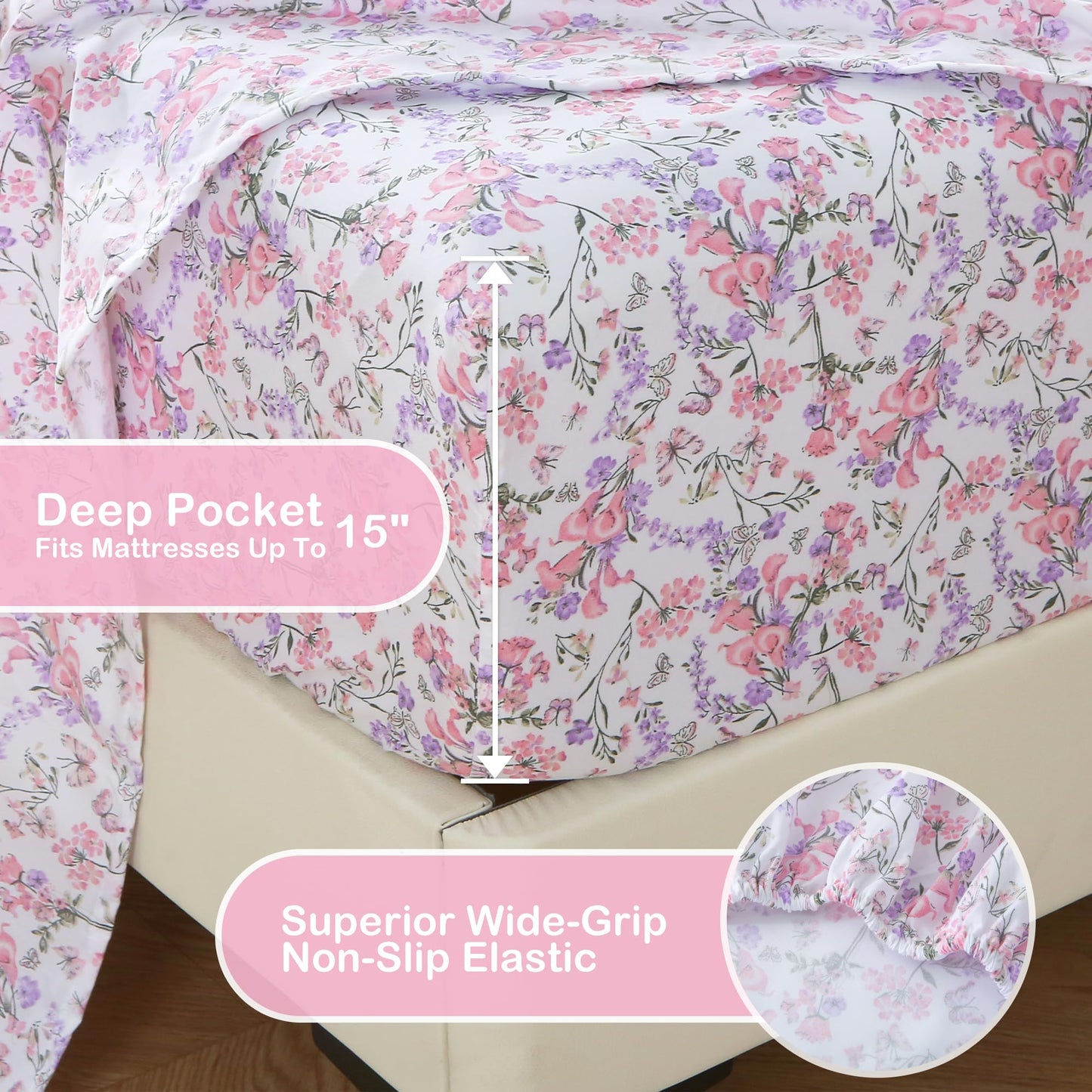 Mooreeke Cozy Vintage Microfiber Printed King Sheet Set - Soft Breathable Percale Cotton Floral Bed Sheets with Deep Pocket - Non-Slip Fitted Design - Pink Purple Flowers Pattern