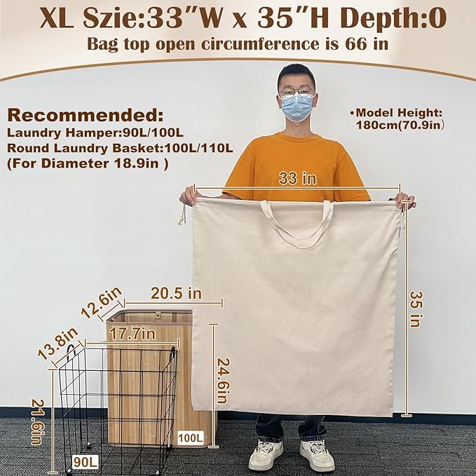 Cotton Canvas Laundry Bag 33"Wx 35"H, Thick Cotton Laundry Bag