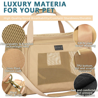 Petsfit Large Cat Carrier, Lightweight Travel Use Pet Carrier for Small Dogs and Cat, Dog Carriers with Expandable mat, Upgraded Large Space Soft Sided Pet Travel Carrier, Khaki