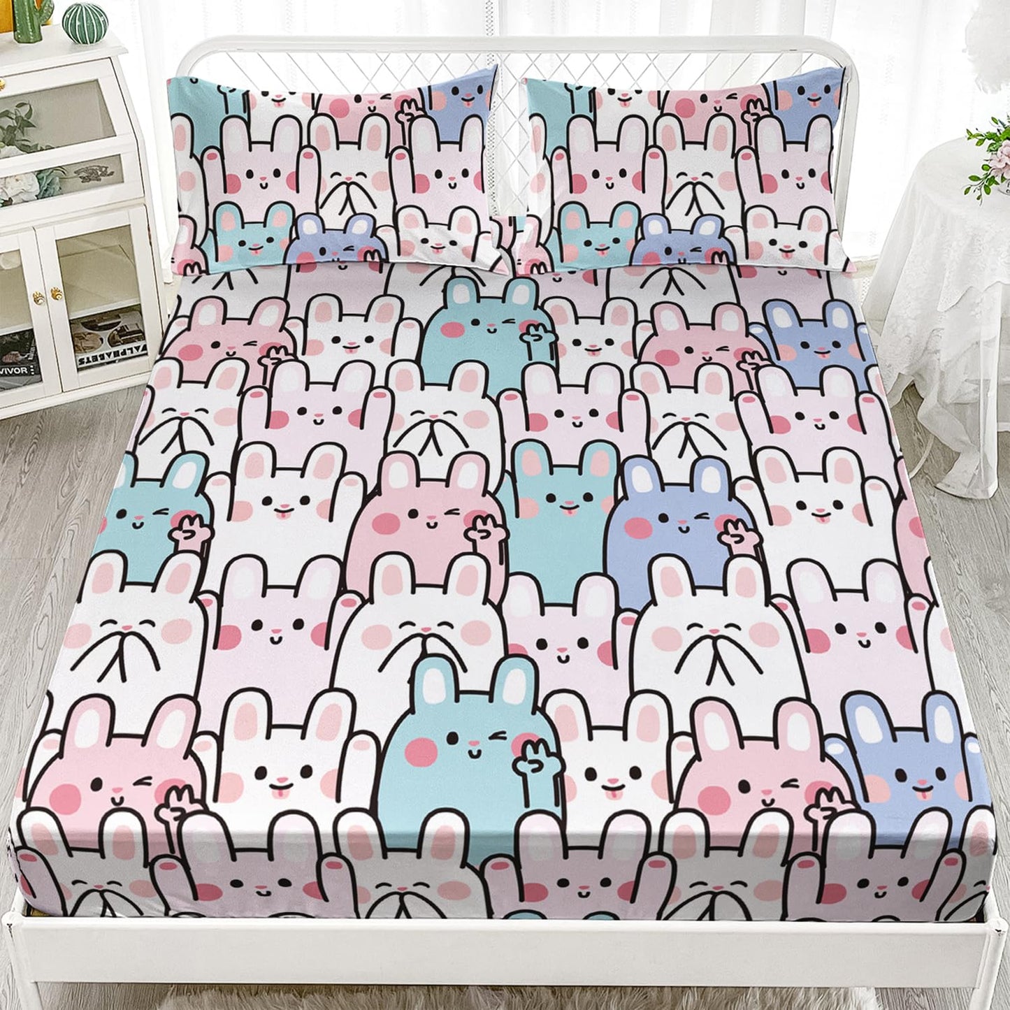 AILONEN Rabbit Fitted Sheet Set, Girls Twin Kawaii Bed Sheet Set,Cute Rabbit Bed Sheet Set,Cartoon Bunny Kids Sheet Set 3 Pieces, 1 Fitted Sheet and 2 Pillowcases