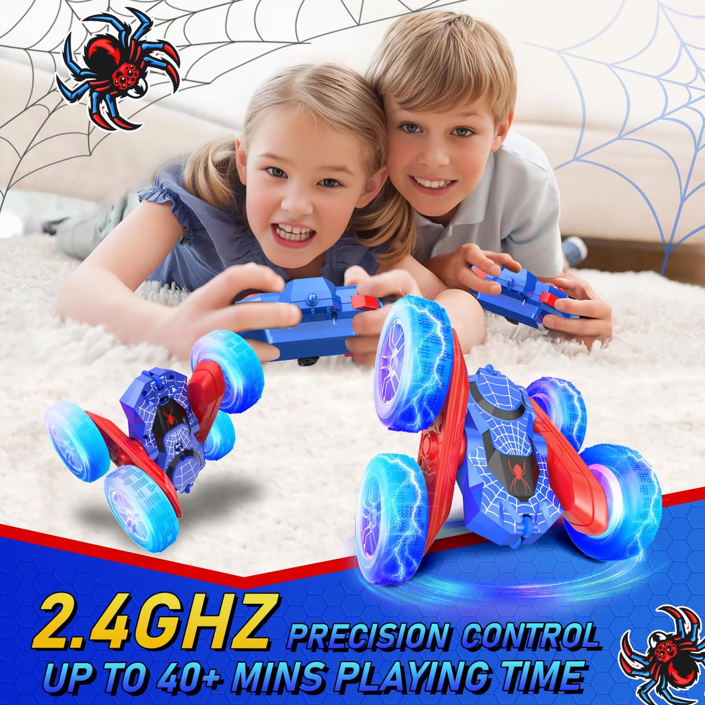 NQD Spider Remote Control Car- Double Sided 360°Rotate RC Stunt Car with Wheel Lights, 4WD Off-Road RC Cars 2.4Ghz Indoor/Outdoor Rechargeable Toy Car for Boys Age 4-7 8-12 Birthday Xmas Gift