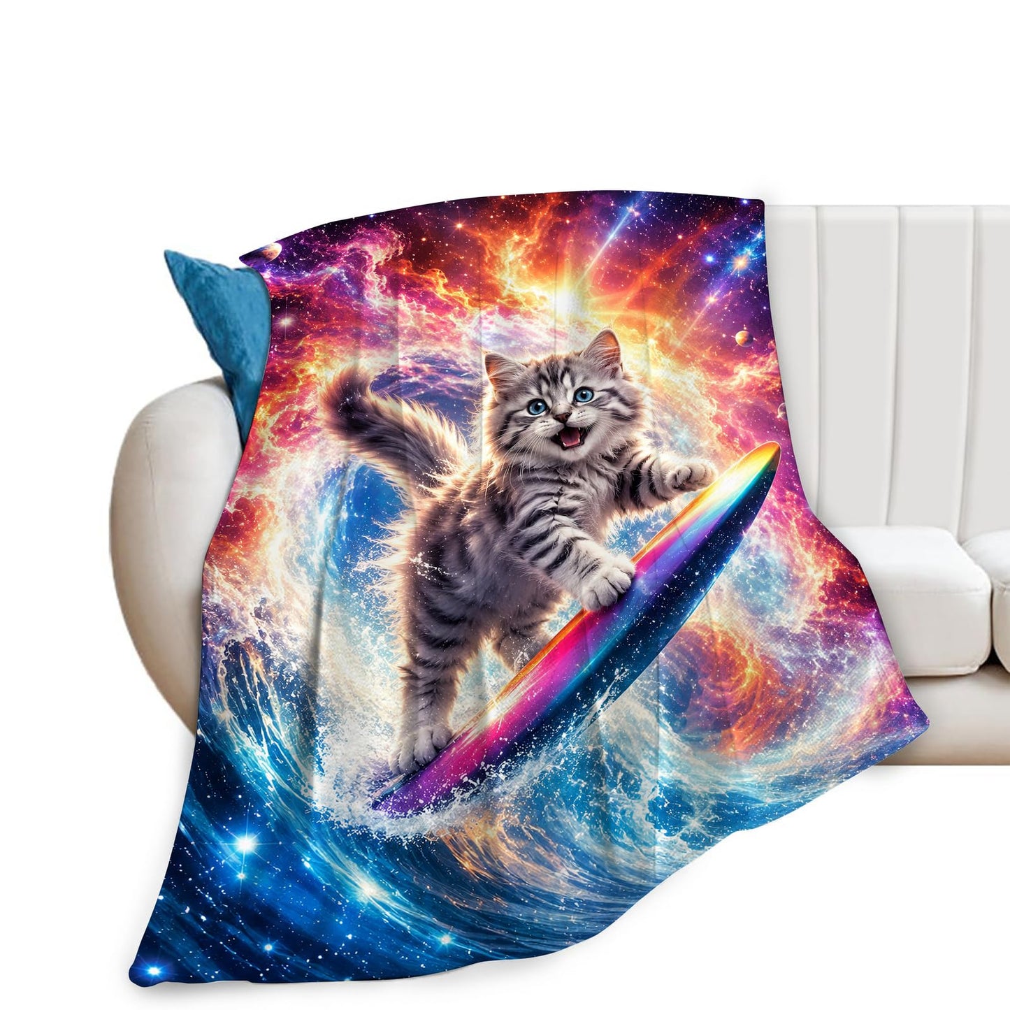 Funny Cat Blanket Soft Fuzzy Fleece Galaxy Space Surfing Kitten Throw Blankets Decor Cozy Warm Plush Flannel Blanket Gifts for Girls Women Kids Adults Home Decor Stuff Sofa Couch Bed 50"X40"