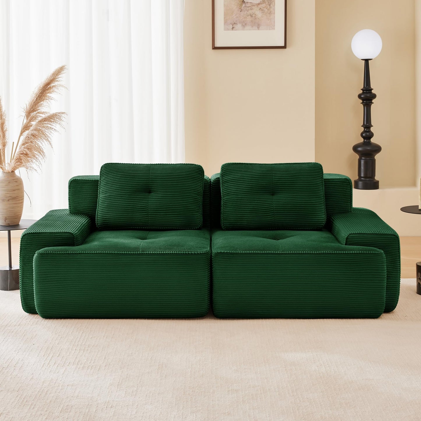 KEIKI 80" Oversized Corduroy Modular Sectional Loveseat Sofa with High-Density Foam Cushion & 2 Pillow, Upholstered Anti-slip Design 2-Seater Tufted Couch, No Assembly Required, for Living Room, Green