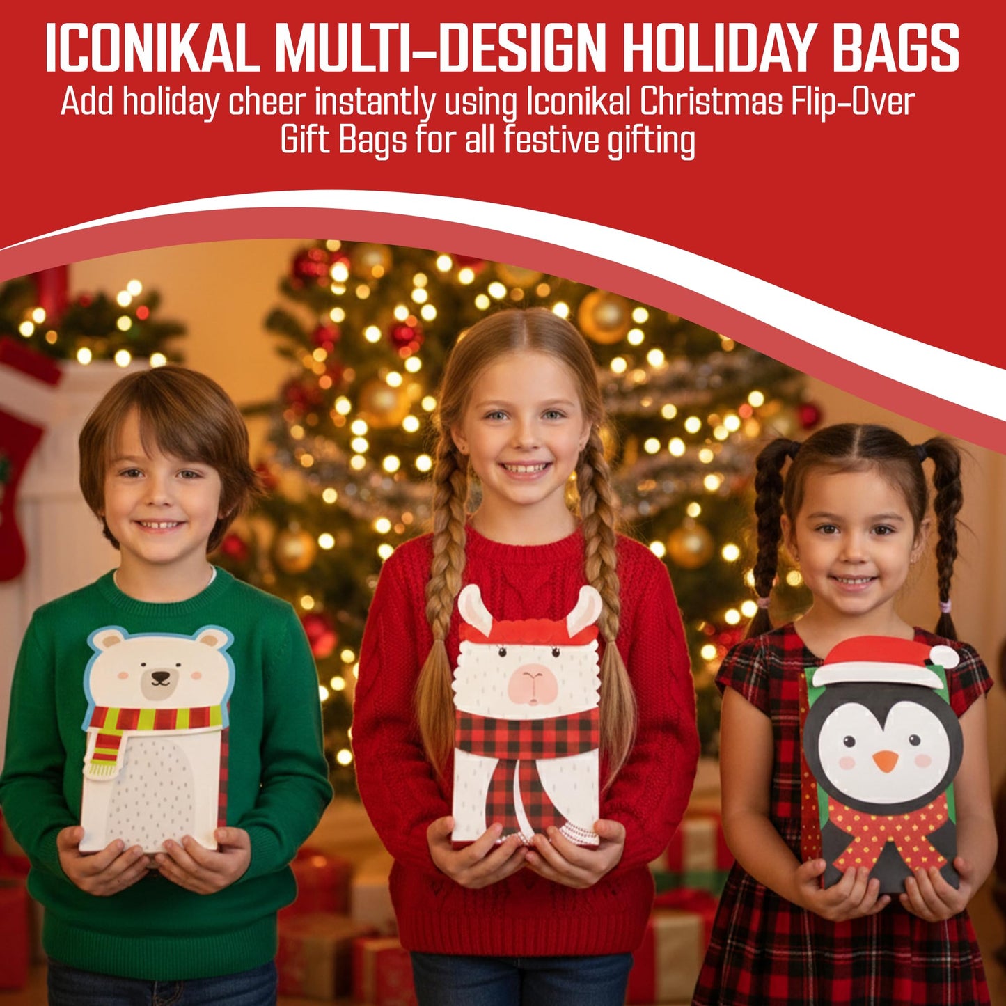 Iconikal Christmas Die-Cut Flip Over Gift Bags, 20-Count - Cute Holiday Treat Bags with Festive Animal Designs