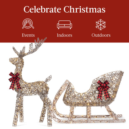 Best Choice Products Lighted Christmas 4ft Reindeer & Sleigh Holiday Outdoor Yard Decoration Set w/ 205 LED Lights, Stakes, Zip Ties - Rattan