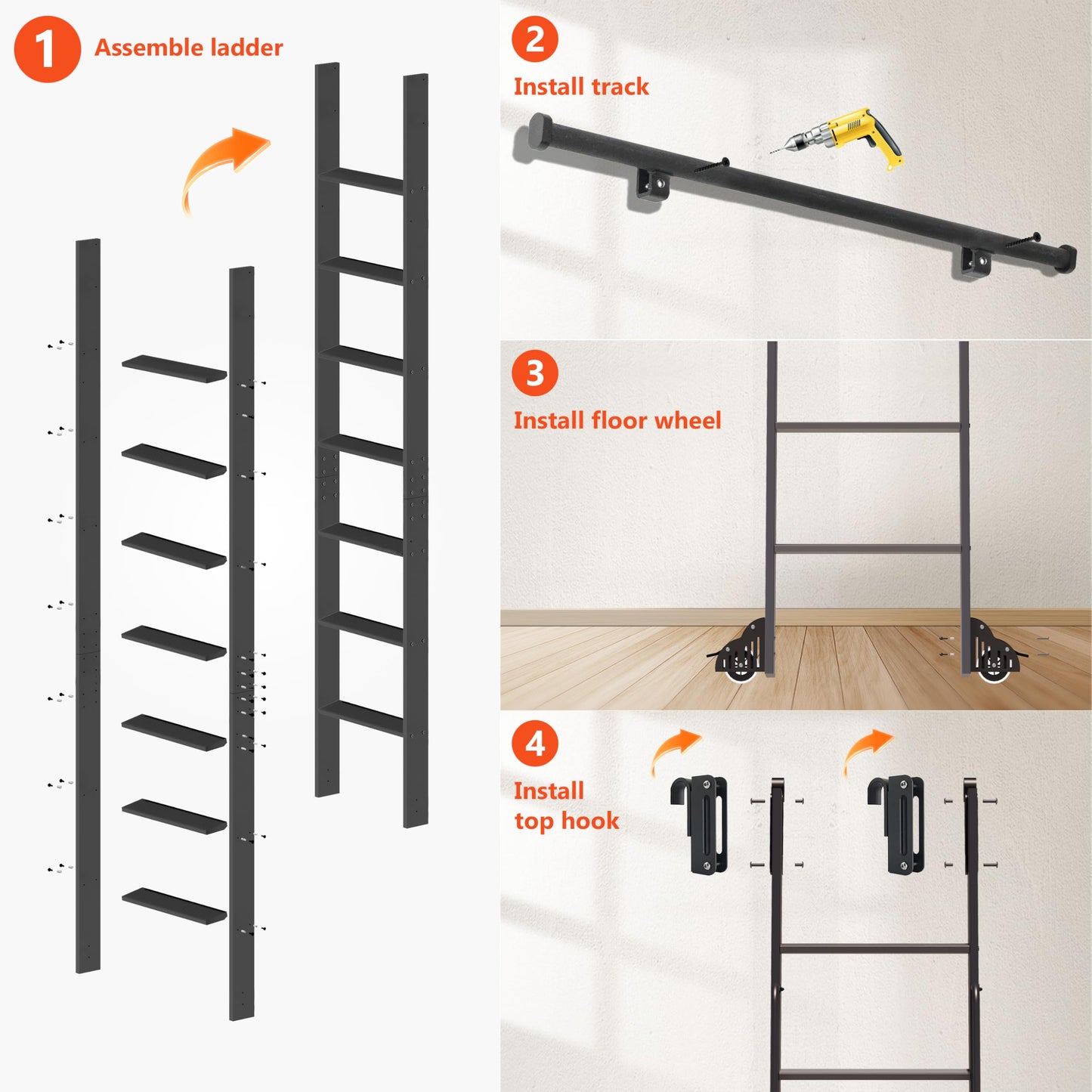 96" Sliding Library Ladder, Black +8FT Rolling Track Kit