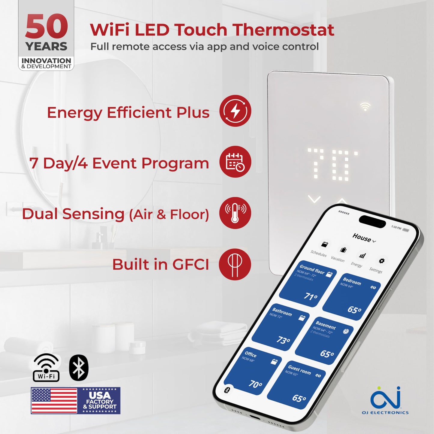 LuxHeat 110sqft Floor Heating Mat Kit - 120v Radiant Floor Heat System for Tile - Easy to Install Infloor Heat System - Includes UWG5 WiFi Programmable Thermostat w/GFCI, Alarm & Flooring Sensor