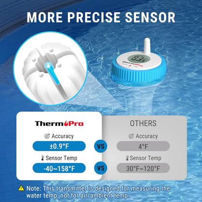 ThermoPro Waterproof Wireless Pool Thermometer Easy Read, Digital Pool Thermometer Floating for Swimming Pool, Upgraded IPX8 Water Temperature Monitor for Hot Tub, Cold Plunge, Ice Bath, Pond