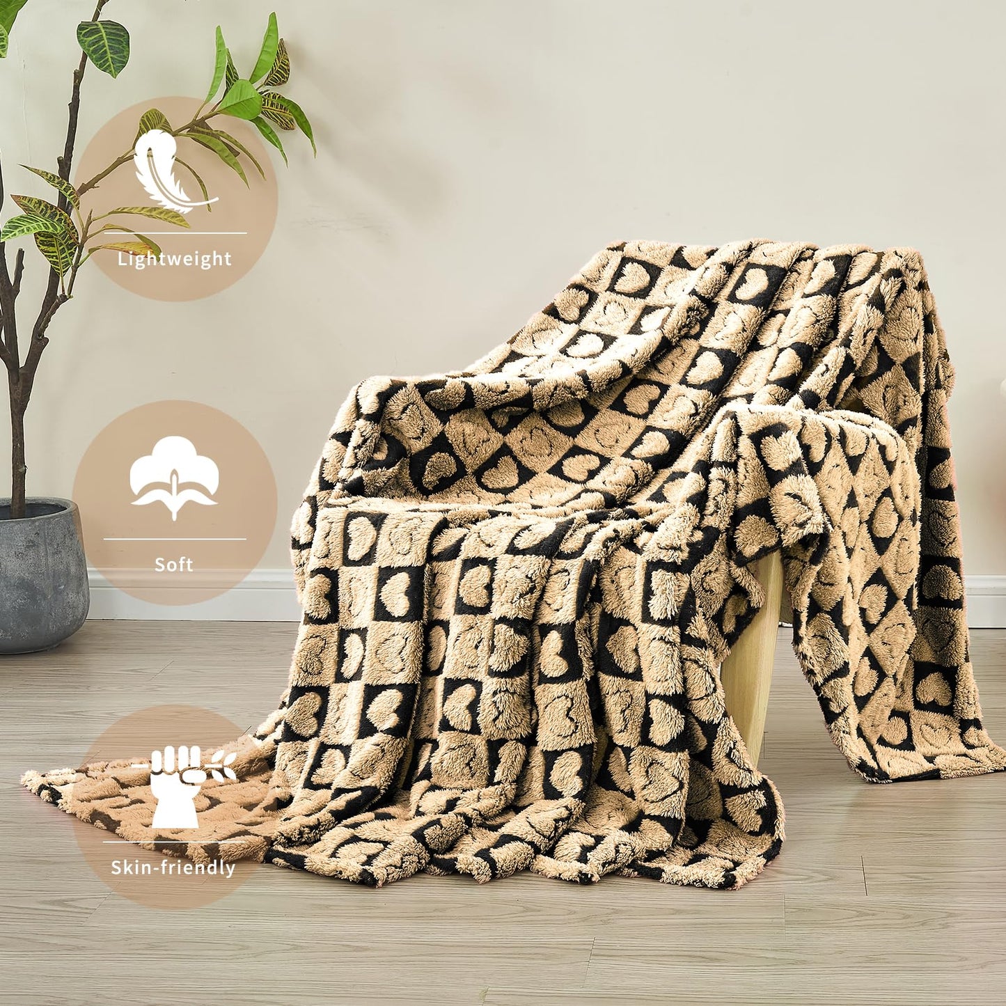 FY FIBER HOUSE Throw Blankets with Heart Checkered,Soft Warm Blankets for Lover Mom Father Gifts,Washable Lightweight Fuzzy Blanket for Couch Sofa Bed Office All Season(Black Brown,60"x80")