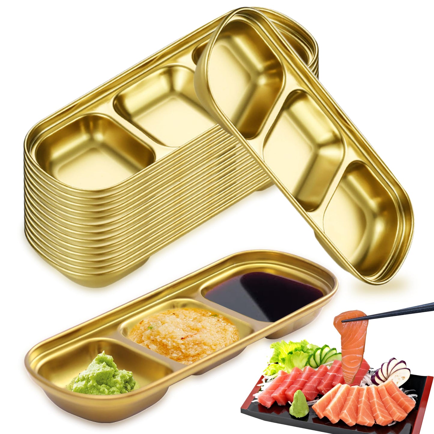 14 Pcs Soy Sauce Dish Stainless Steel Divided Dip Bowls Korean Sauce Plate Seasoning Dipping Condiment Tray for Sushi BBQ Vinegar Spice Salt Sugar Flavor Home Kitchen Restaurant (Gold, 3 Compartment)