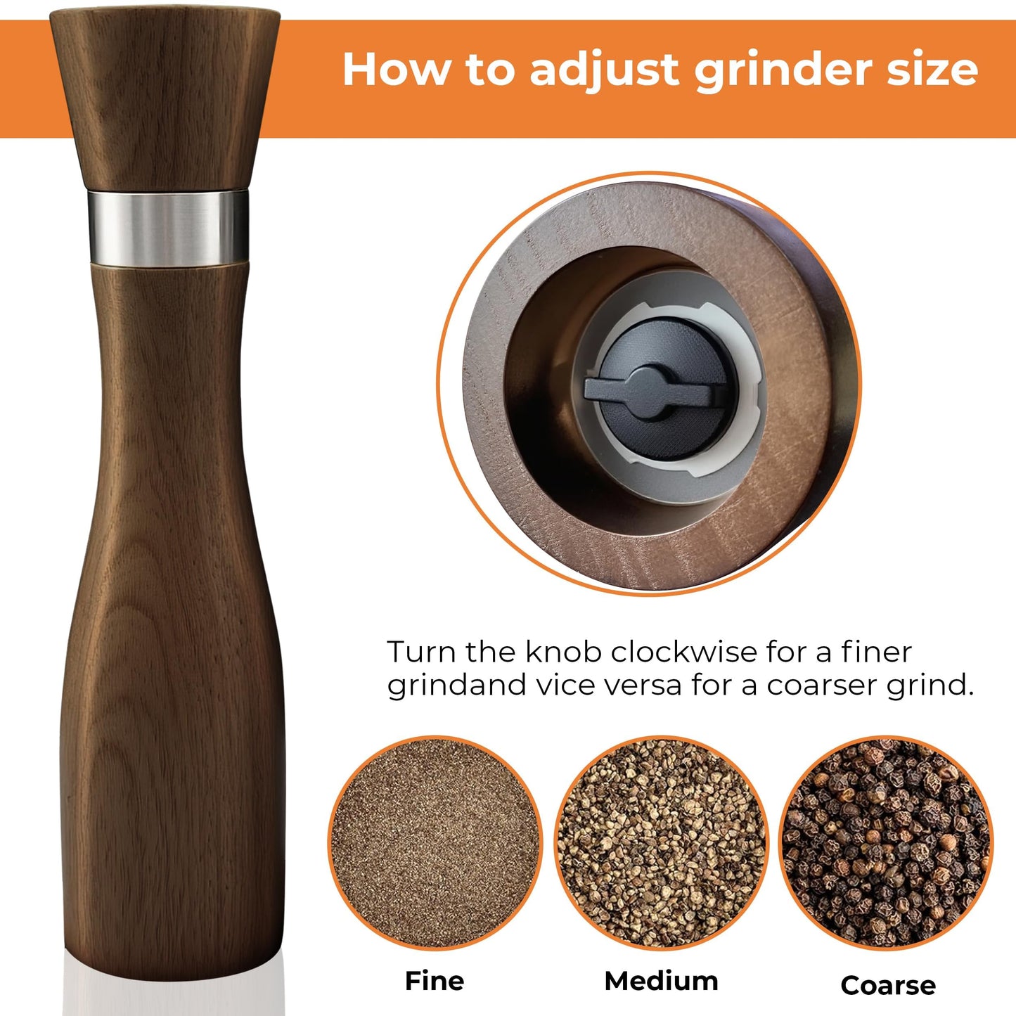 WARMKEY Kitchen Wooden Salt and Pepper Grinder Set: Refillable Salt & Pepper Mills Adjust for Customized Coarseness, 9" 5PC with Tray & Spoons,Non-Slip Base-Kitchen Counter Decor
