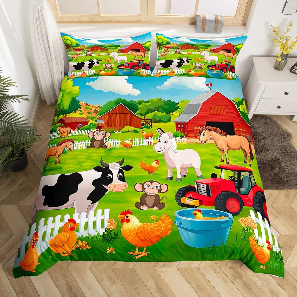 Feelyou Kids Bedding Set Cartoon Farmhouse Duvet Cover Set Cute Farm Animal Boys Girls Toddler Comforter Cover Country Style Quilt Cover with 2 Pillowcases King Size