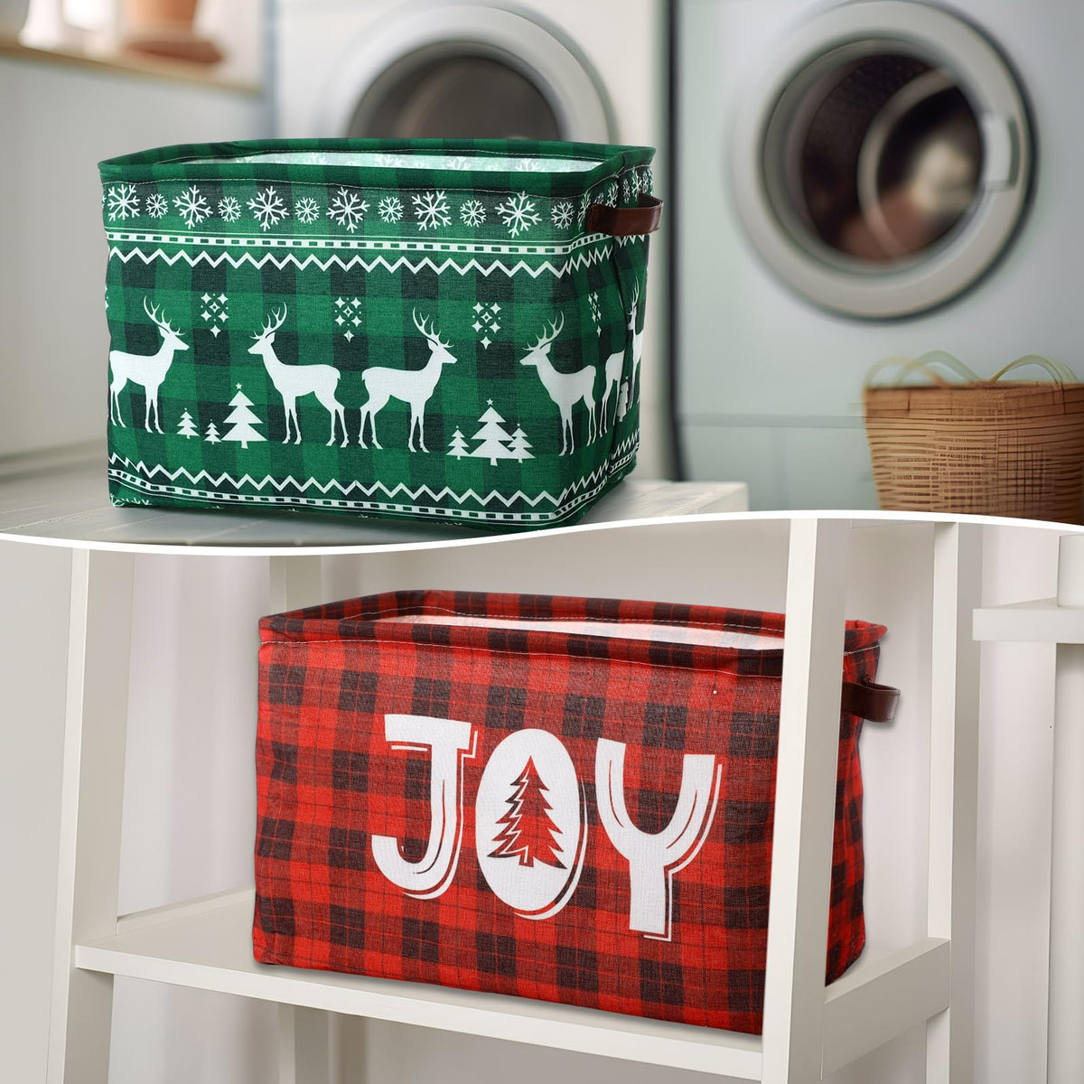 Capoda 2 Pack Christmas Storage Bin Large Collapsible Christmas Storage Baskets with Handles Canvas Green Red Plaid Organizer for Xmas Holiday Office Home Clothes Gifts Book Organization (Plaid)