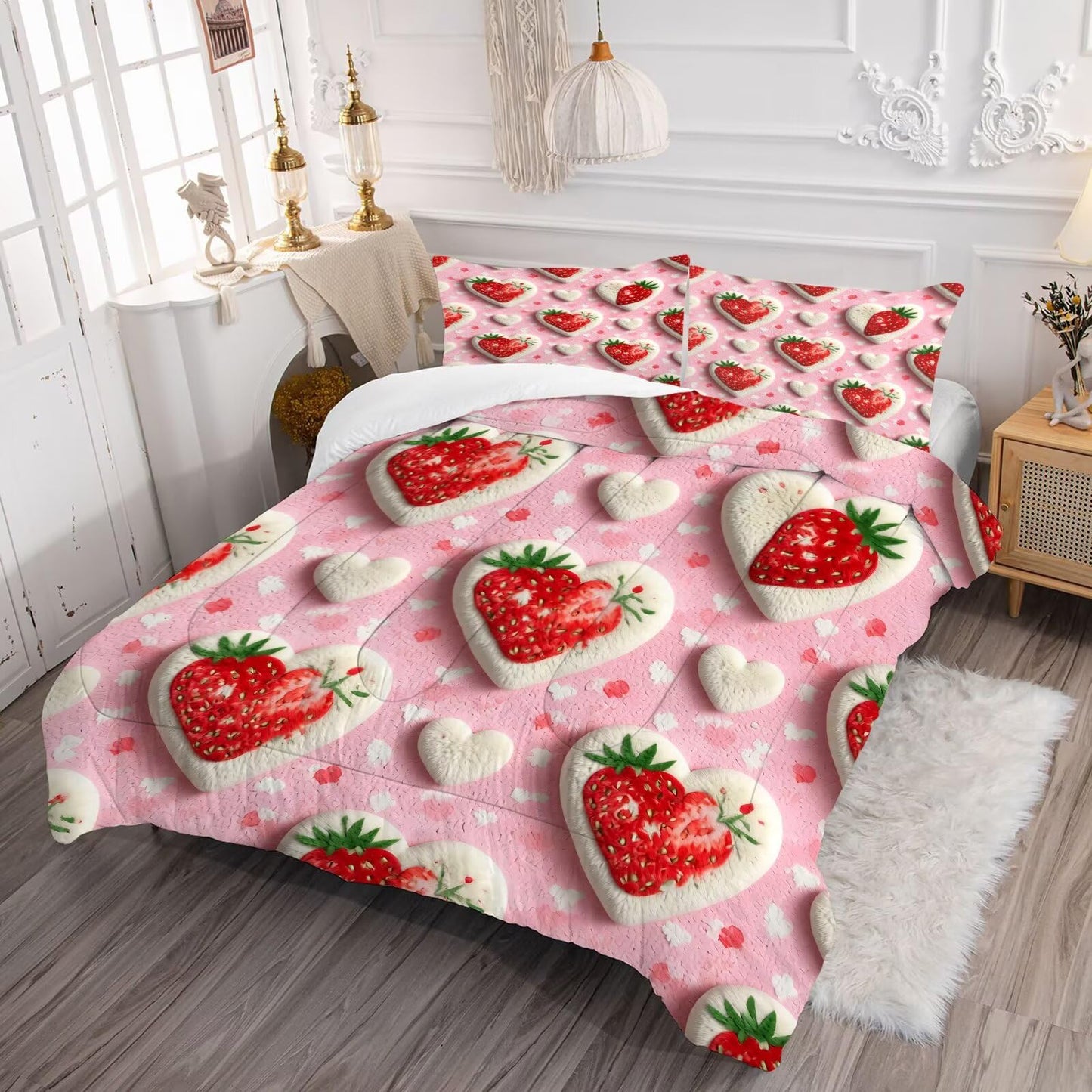 DJNEAR Strawberry Heart Comforter Set Twin Size Pink Heart Bedding Sets for Girls Kids Teens Adults Women Bedroom 3D Plush Cute Quilt Room Decor 1 Comforter 1 Pillowcase