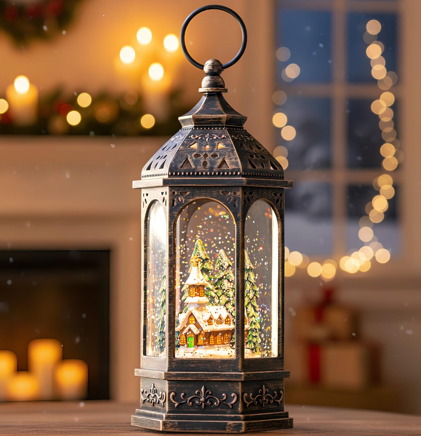 Christmas Snow Globe Lantern Lighted Holiday Village Church with Music& Timer, USB Lined/Battery Operated Lighted Lantern for Christmas Festival Decoration Gifts