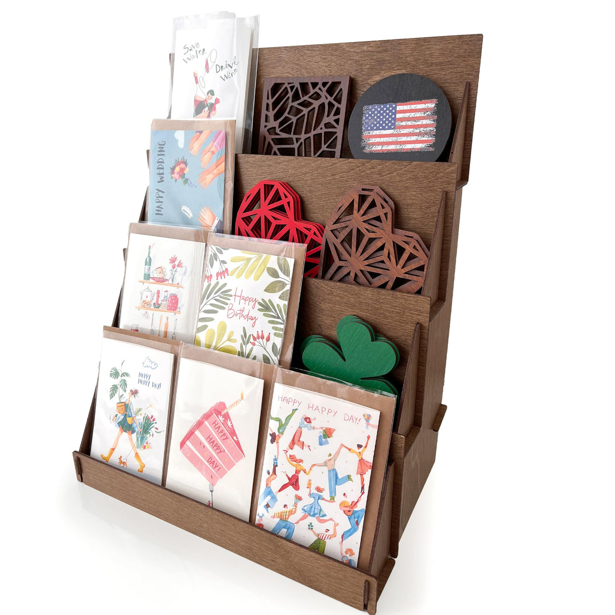 Walnut Portable 4 Tier Greeting Card & Rack Card Display - Counter Top Craft Show Stand - Coaster Display Rack - Farmers Market Tabletop Stand