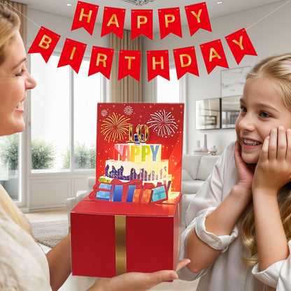 JINSTABAG Birthday Money Box for Cash Gift, Money Pull Box with Music Light 3D Cake and DIY Number Placard for Any Age, Birthday Decorations for Boys Girls Kids Adult (Red)