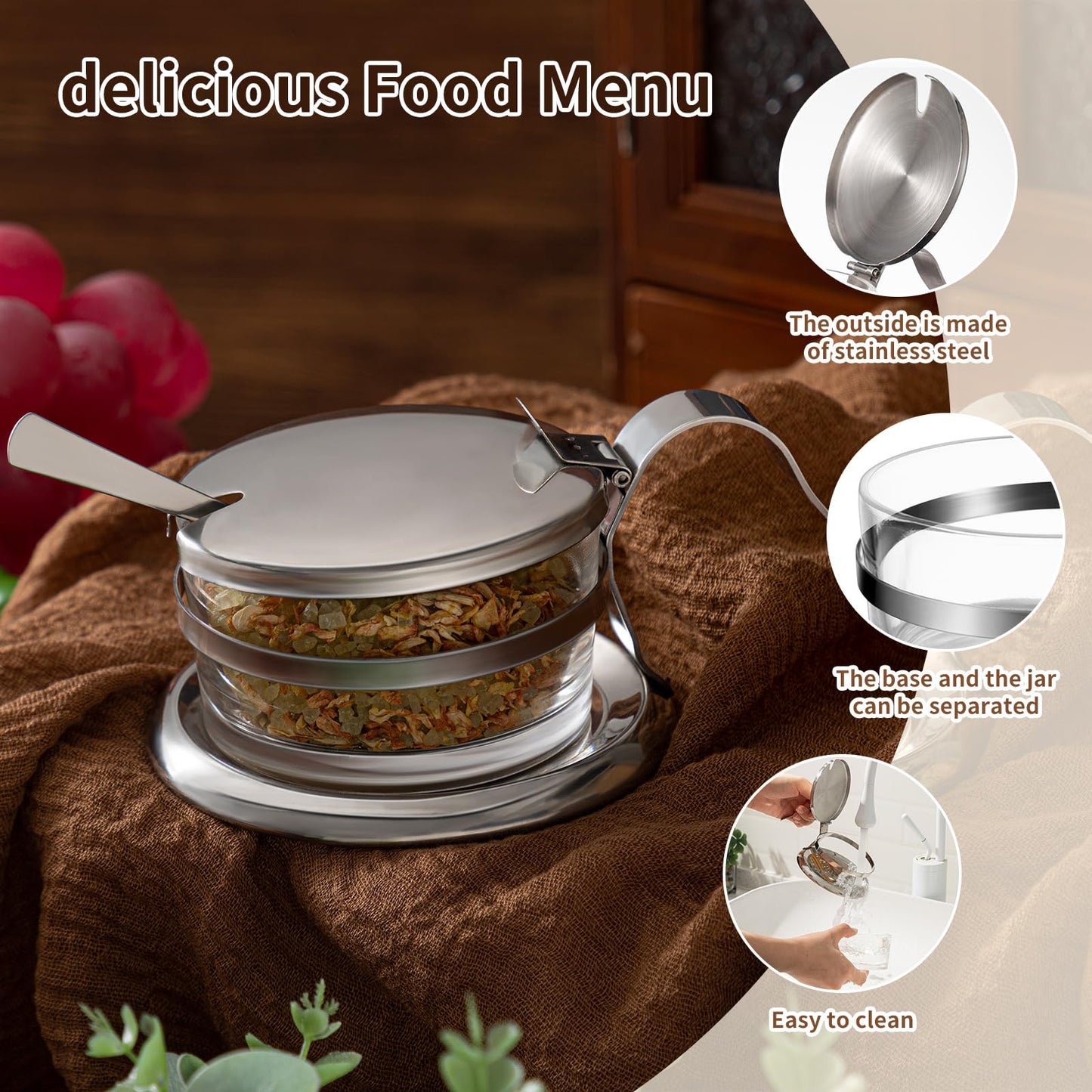 Honeydak 1 Set Stainless Steel Salt Cellar with Spoon 6.76 oz Salt Container with Spoon for Countertop, Seasoning Storage for Kosher, Sea, Candy, Pepper, Heavyweight Seasoning Jar