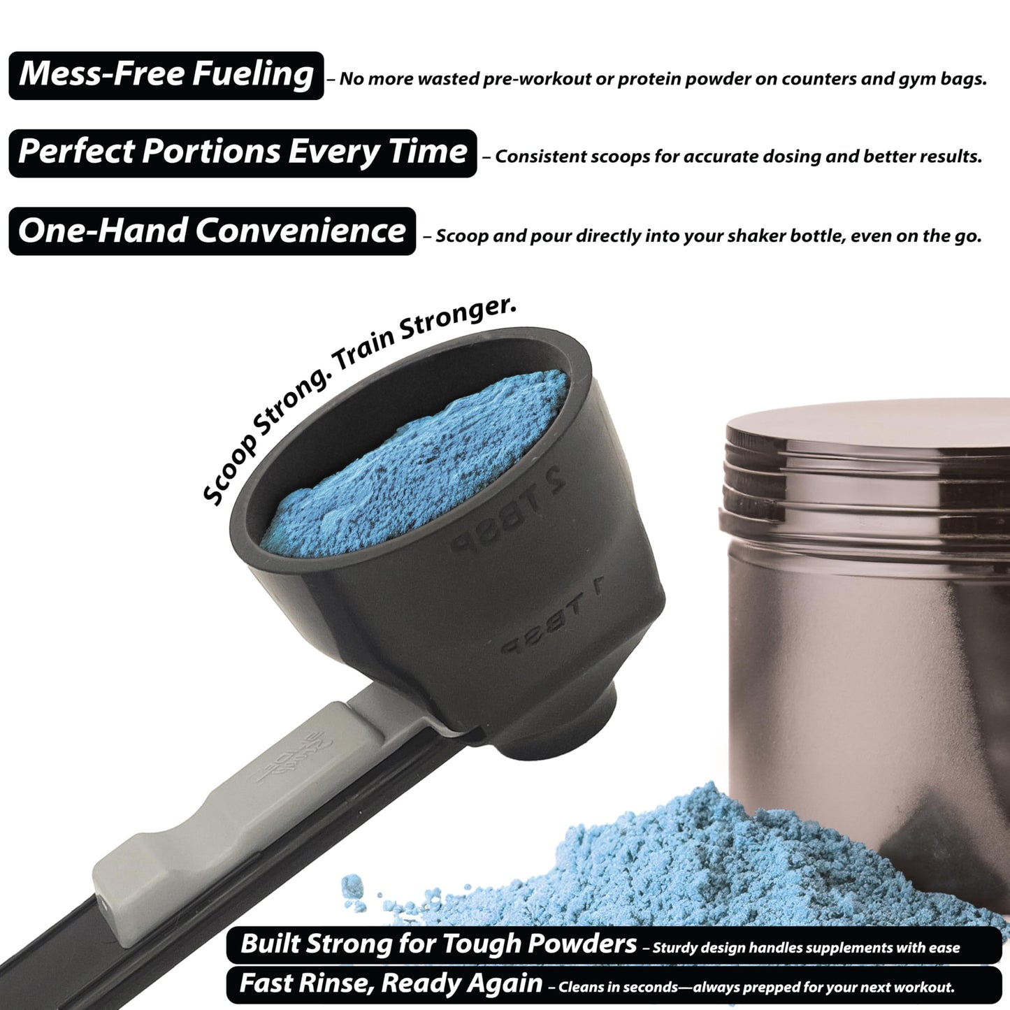 Slide Scoop the original measuring scoop + funnel No spill preparation of protein powder, workout & sports drinks, baby formula & kcup refill Mess & Spill free - (Set of 1 & 2 Tablespoon)