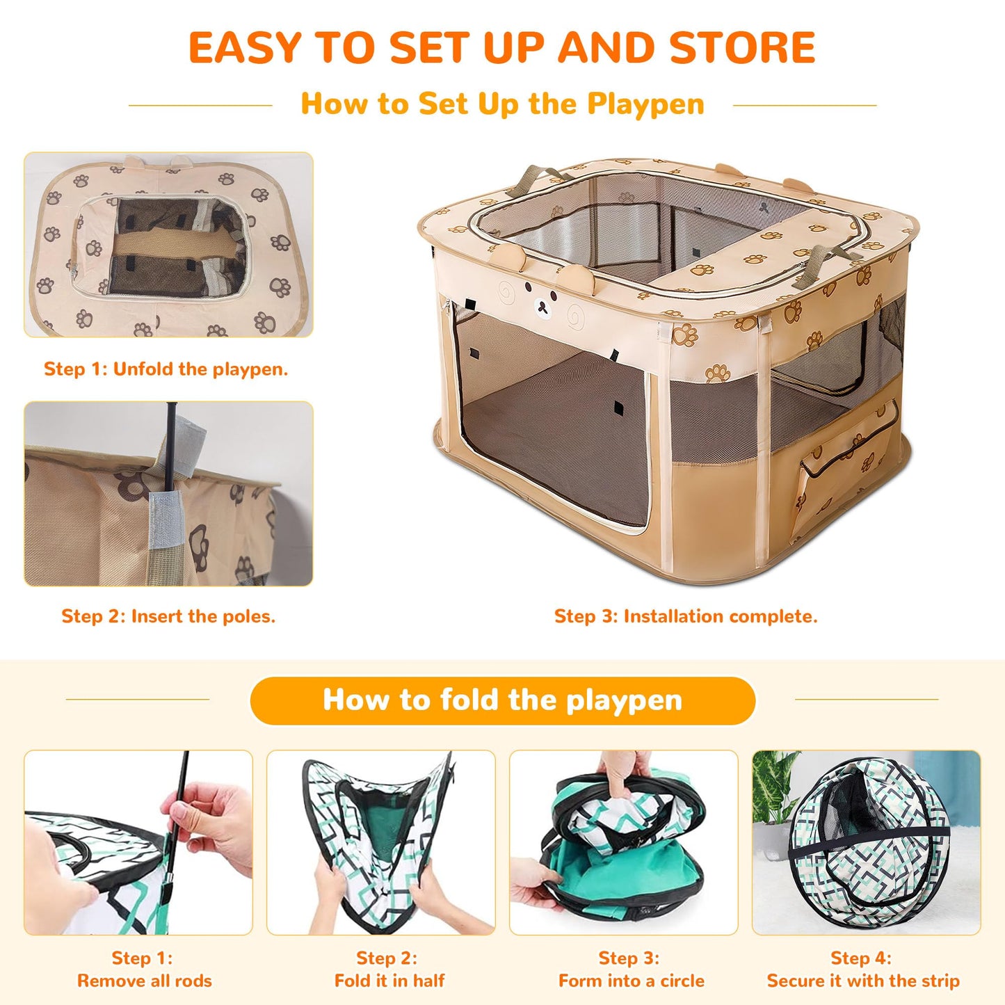 ALLSOPETS Cat Playpen for Dog, Foldable Pet Play Pen for Indoor Outdoor Use, Portable Dog Cat Crate Tent for Puppies Kittens, Pop-Up Pet Cage for Travel Camping (Brown Bear, M)