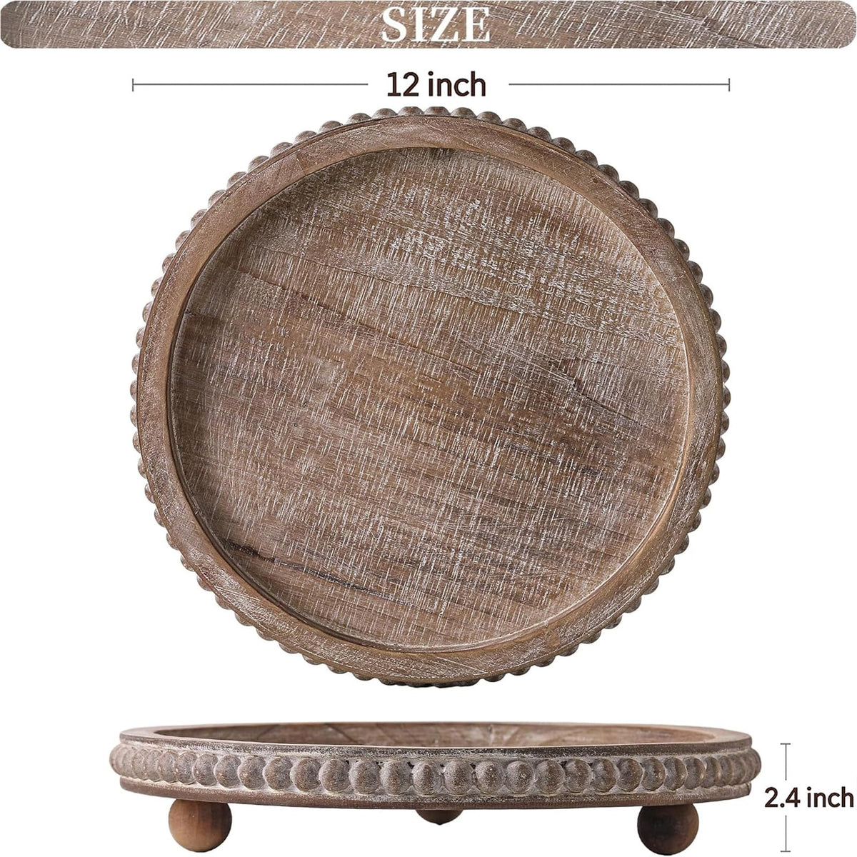Nacidooka Wooden Coffee Table Tray Decor, Round Decorative Tray Brown Beaded Distressed Rustic Farmhouse Centerpiece for Dining Room Entryway Kitchen Counter Candle Holder Organizer
