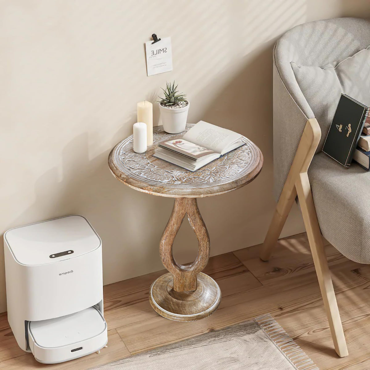 End Tables for Living Room- Small Drink Table for Small Spaces,Modern Accent Nightstand with Hand-Carved Top & Solid Wood Side Tables for Drying Room,Bedroom, Office - 18x22 White wash_Pride Styles