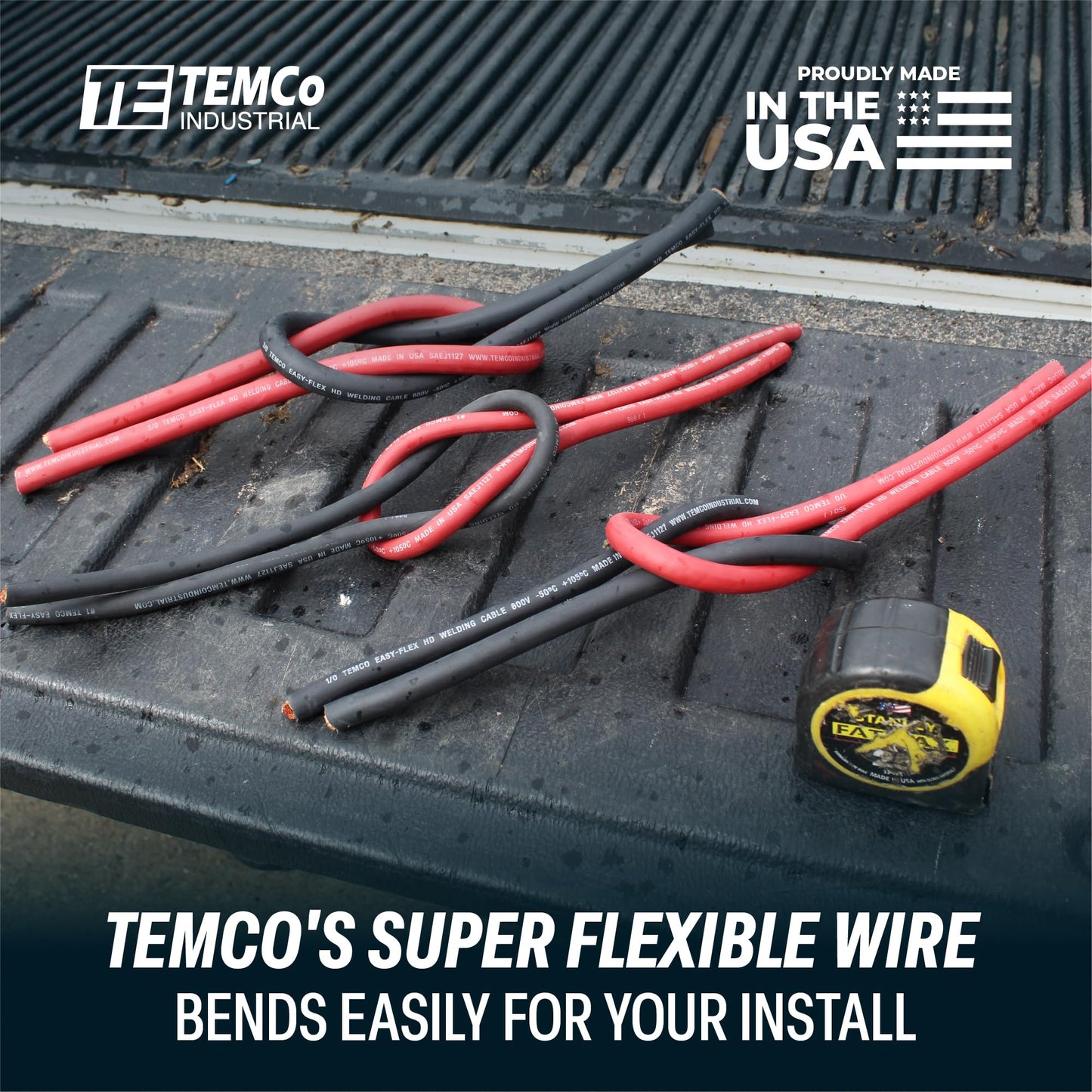 TEMCo 1/0 Gauge AWG 100 Ft Black Flexible Pure Copper Made in USA Welding Cable Battery Wire - Heavy Duty Solar, Inverter, Car, RV, Truck