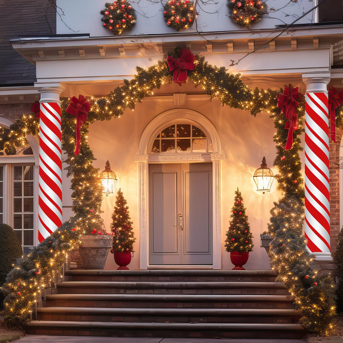 Suncalla 2 Pack Christmas Candy Cane Design Column Wraps 108 x 54 Inch Candy Cane Striped Disposable Porch Column Wraps with 1 Roll Tape Striped Pillar Cover for Fall Halloween Xmas Decor