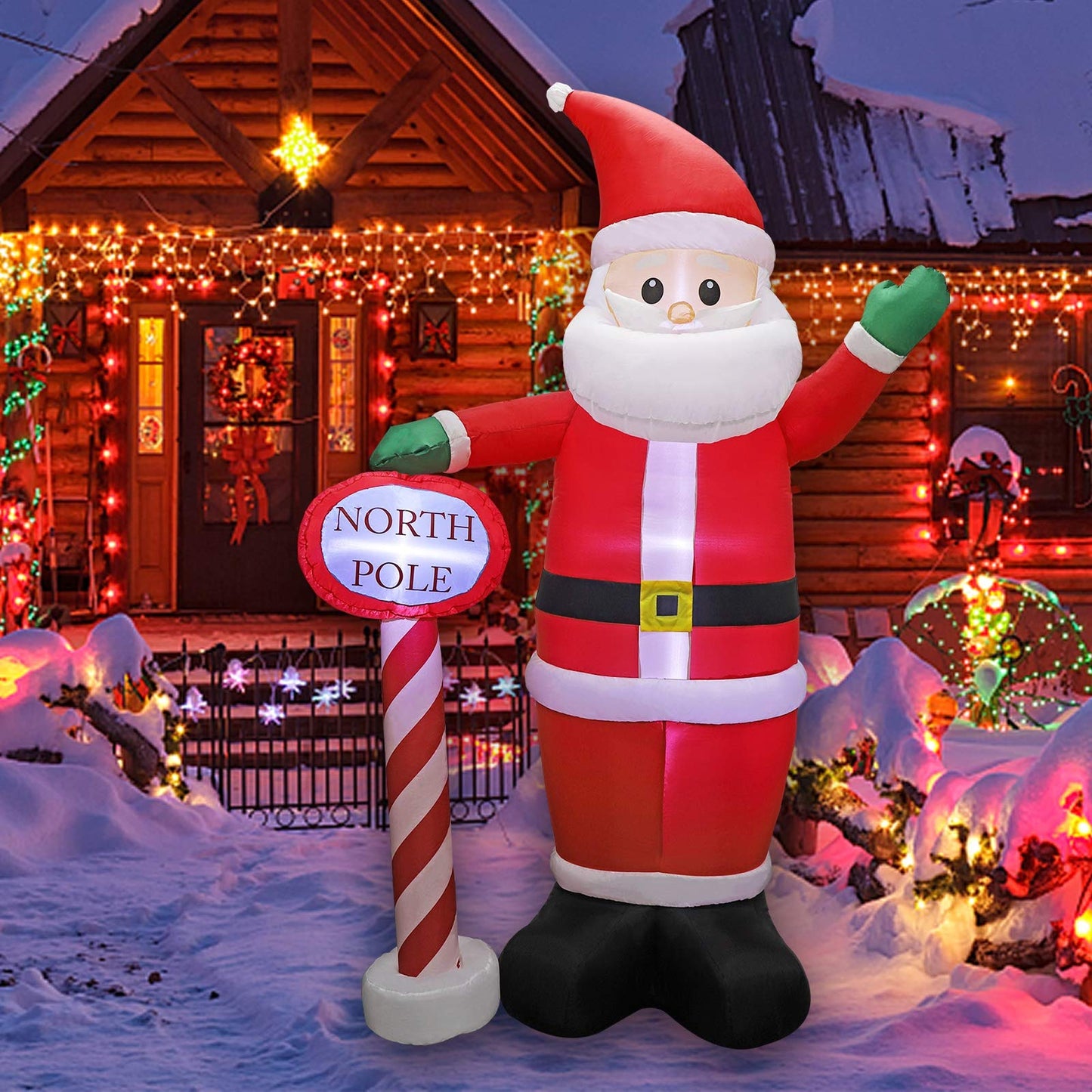 MorTime 8 FT Christmas Inflatable Santa Claus with Guidepost, Blow up Lighted Giant Wave Santa Claus North Pole with LED Lights Yard Decoration Party Display for Xmas Outdoor Decorations