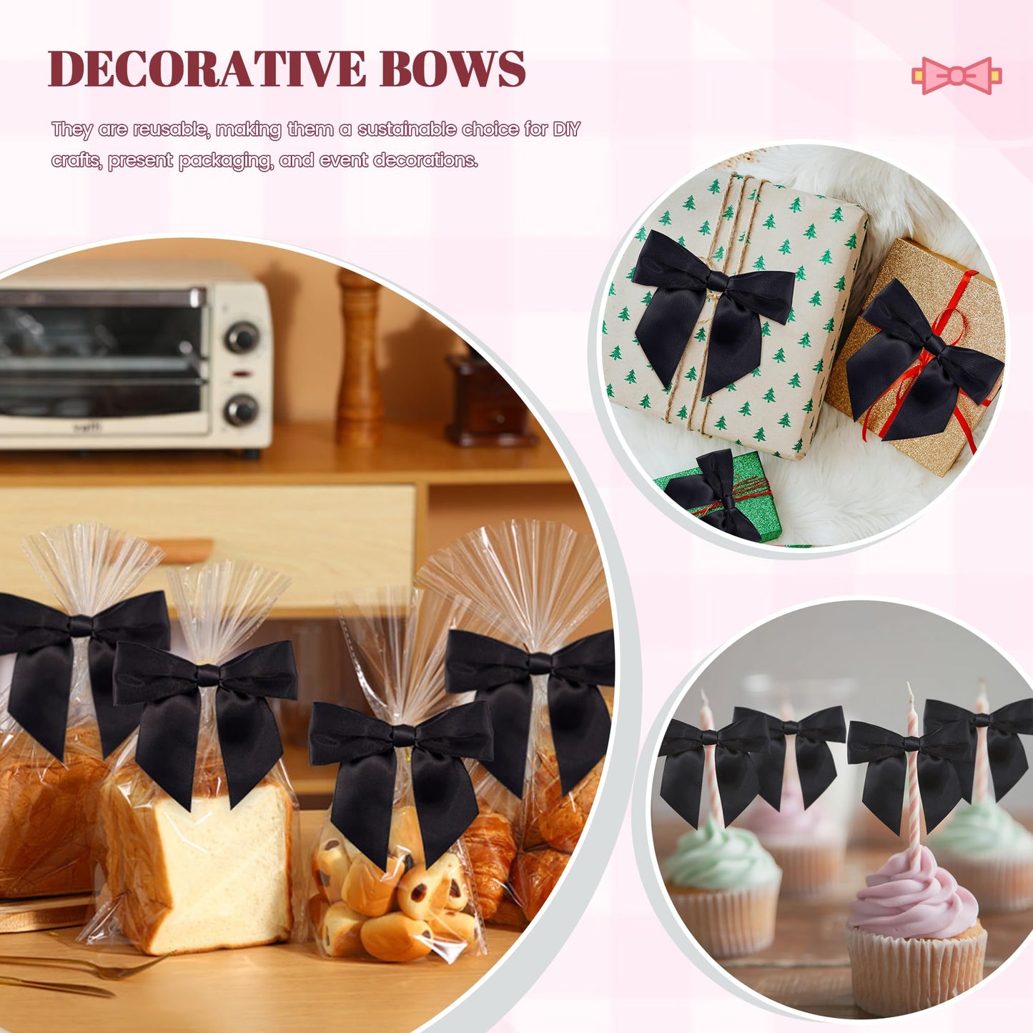 Oecoel 50Pcs 4.5in Satin Ribbon Bows with Clear Twist Ties Pre-Tied Decorative Bows for Present Wrapping, Treat Bags & Party Favors(Black)