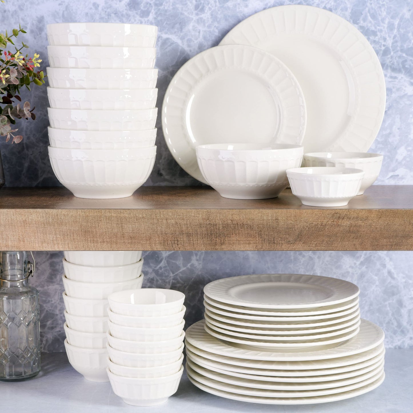 Gibson Home Zen Buffet Porcelain Ceramic Dinnerware Sets for 8, Plates and Bowls Set (40pcs), White Embossed Dishes