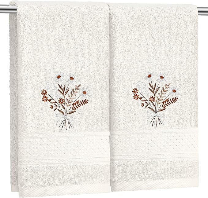 2 Pcs Boho Flowers Hand Towels Beige Bathroom Wildflowers Decor 14x29 Inch