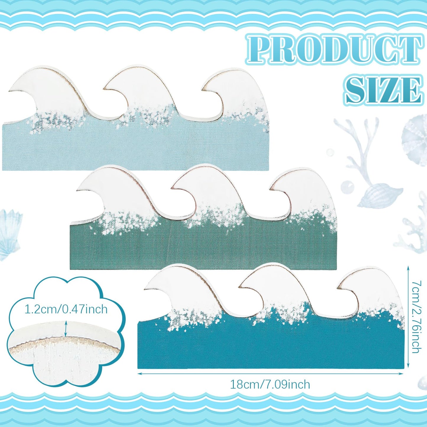 Qunclay 3 Pcs Coastal Table Decor Wooden Waves Ocean Decor Summer Beach Tiered Tray Blue Wave Sign Centerpieces for Table Home Office Bedroom Nursery