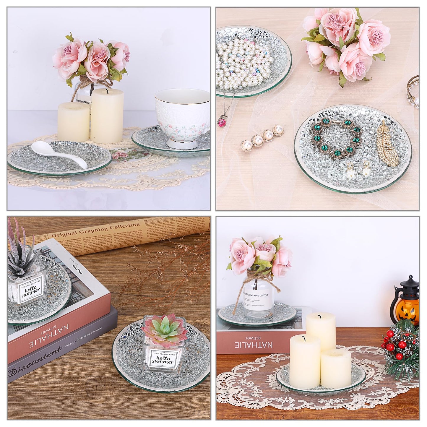 OwnMy 2PCS Mosaic Glass Pillar Candle Holder Plates and Trays, 6 Inch Glass Mosaic Candle Bases Coasters Decorative Pillar Candle Stands for Wedding Table Centerpiececs, Silver